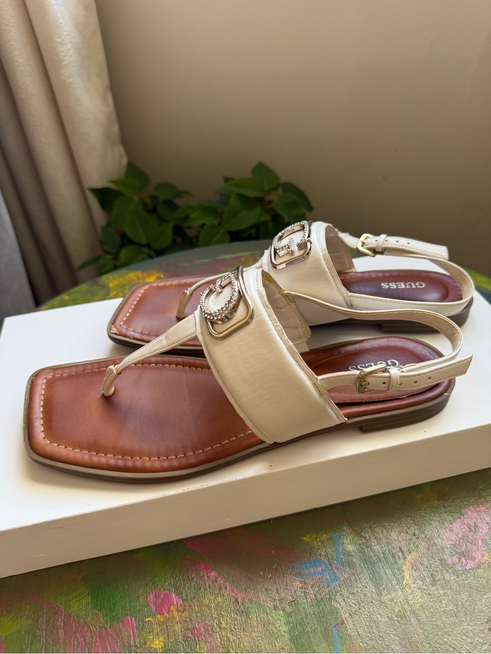 GUESS Cream and Brown Leather T-Strap Sandals with Buckle Accent
